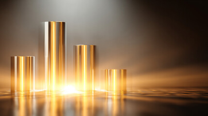 A single glowing graph bar rises from a polished surface against a silver, white, and gold bright background. Hyperrealistic and luminous, the scene symbolizes growth, progress, and clarity in a sleek