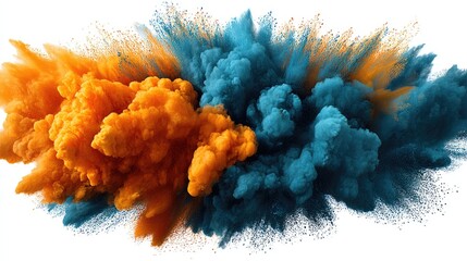 Splitting, orange/blue powder collision over white backdrop