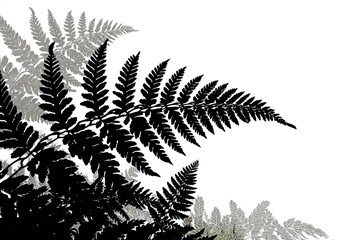 Fern silhouettes cascade against a stark white background