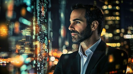 Fototapeta premium A man in a suit looking out a window at a city skyline at night.