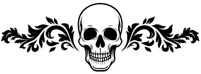 Vintage border with skull and floral curls — elegant gothic header ornament for halloween