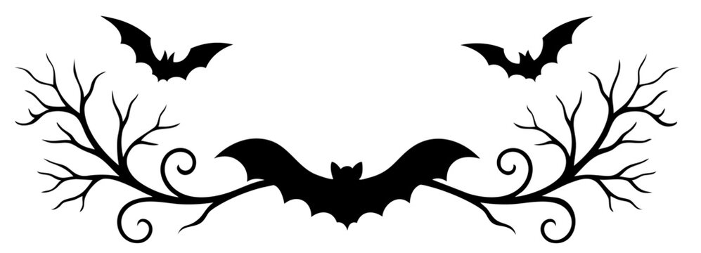 Forest border ornament with bats and tree branches &mdash; spooky horizontal header divider for halloween layout