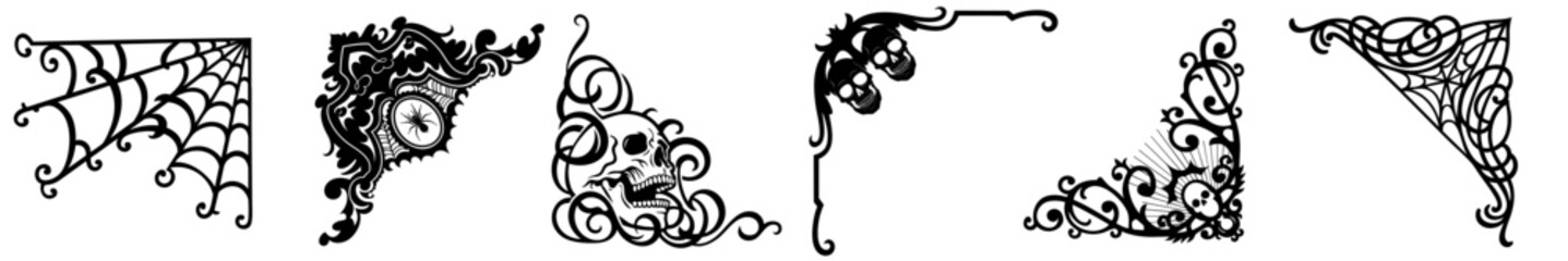 Halloween corner ornament set with gothic spider webs, skulls, curls, vines and vintage floral patterns — spooky ornate borders for horror decoration and frames