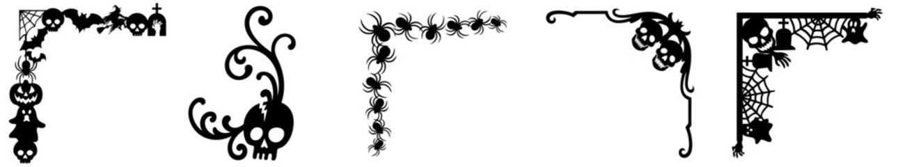 Halloween corner ornament set with gothic skulls, spiders, pumpkins, roses and vintage curls — spooky ornate borders and frames for Halloween decoration