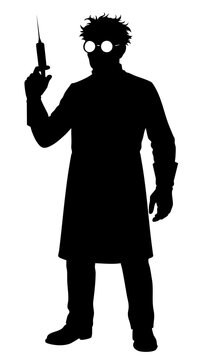 Halloween mad scientist silhouette holding syringe, crazy doctor with messy hair and goggles in lab coat