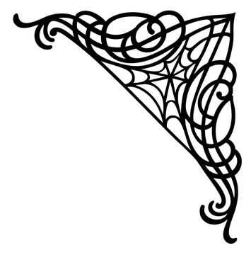 Halloween corner ornament with spider web and swirling curls &mdash; gothic vintage border for haunted decoration