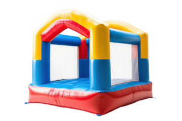 Colorful inflatable bounce house structure isolated on a transparent background