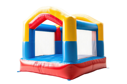 Colorful inflatable bounce house structure isolated on a transparent background
