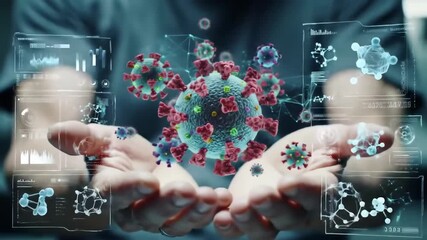 Person Holding Digital Display of Colorful Virus with Data Visualizations - Powered by Adobe