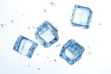 Four Clear Ice Cubes Floating In Water With Bubbles