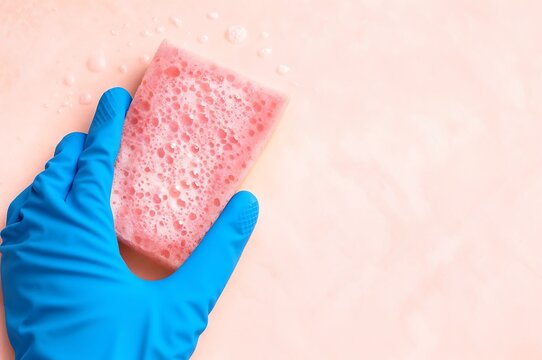 Hand cleaning surface with pink sponge and blue glove