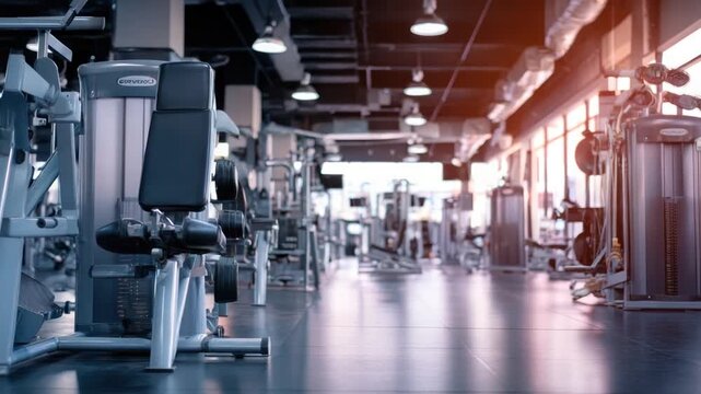 A modern gym interior with rows of exercise machines and a long, reflective floor