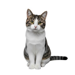 Obraz premium Adorable tabby cat sitting attentively, perfect for pet-related marketing, animal lovers, and heartwarming content, capturing pure feline charm and endearing gaze