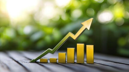 A green and gold arrow with a green and gold bar graph on a wooden table with a green and blurred background.