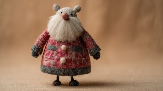 Whimsical Handmade Toy Character with Long Beard and Red Coat