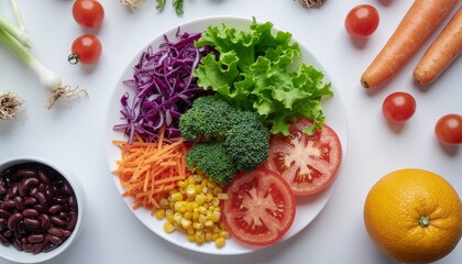 Overhead view of a plate filled with various fresh vegetables and surrounded by additional produce on a white surface.