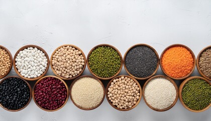 Overhead shot of assorted grains and legumes in wooden bowls on a white surface, showcasing various textures and colors.