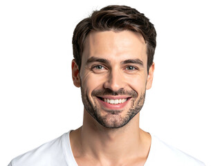 Smiling, bearded man in white shirt looks directly at viewer on a black background