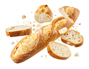Sliced, golden baguette floating mid-air, scattered breadcrumbs, and cut pieces against a dark transparent background