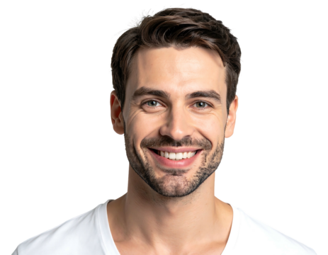 Smiling, bearded man in white shirt looks directly at viewer on a black background