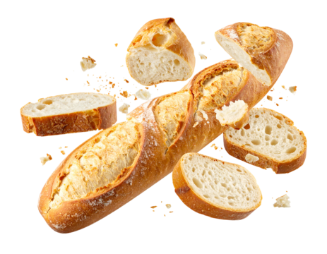 Sliced, golden baguette floating mid-air, scattered breadcrumbs, and cut pieces against a dark transparent background