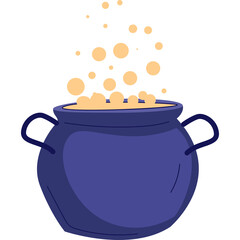 A deep blue cauldron with handles bubbles rising from its light orange frothy contents against a transparent background symbolizing magic potions and witchcraft