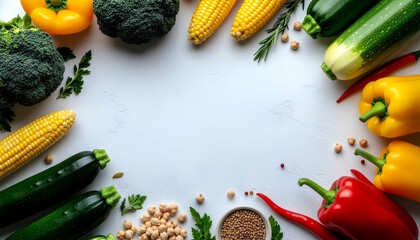 Overhead flat lay of assorted vegetables and grains arranged in a circle on a white surface with a clean and minimalist composition.