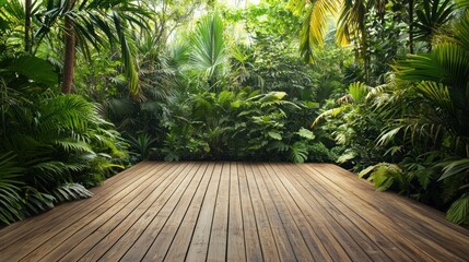 A wooden deck surrounded by lush greenery in a tropical rainforest.