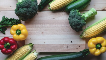 Overhead flat lay of assorted vegetables including broccoli, corn, peppers, and cucumbers arranged on a light wooden surface with a rustic background.