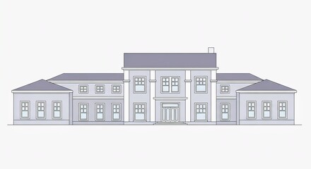 Gray building with symmetrical design isolated on white background