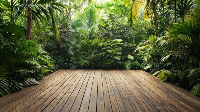 A wooden deck surrounded by lush greenery in a tropical rainforest.