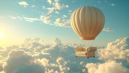 Cream colored chair flies high into the sky with hot air balloon