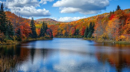 Obraz premium A serene autumnal lake surrounded by colorful trees and a mountain in the distance.