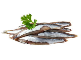 A small cluster of fresh raw anchovy fillets with a parsley garnish, isolated on a clear blank white background
