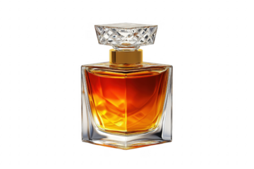 Amber liquid crystal perfume bottle isolated on a transparent background