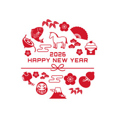 年賀状2026 　ウマと縁起物のイラスト　2026年 年賀状,イラスト,馬,干支,正月,縁起物, 和風デザイン,テンプレート,ポップ,かわいい,