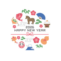 年賀状2026 　ウマと縁起物のイラスト　2026年 年賀状,イラスト,馬,干支,正月,縁起物, 和風デザイン,テンプレート,ポップ,かわいい,