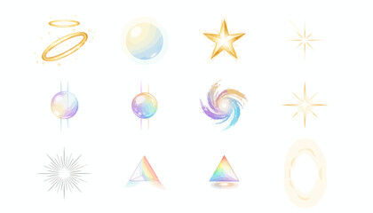 Collection of magical sparkling elements: celestial halo, star, orb, prism icons - fantasy graphics for festive design or ethereal themes