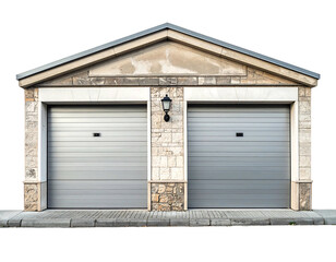 Stone garage with two doors, framed by white stone and a gray trim and light fixture