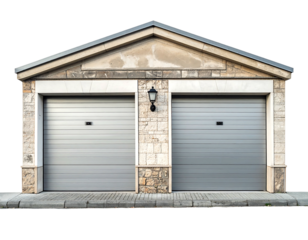 Stone garage with two doors, framed by white stone and a gray trim and light fixture