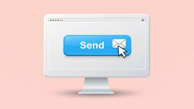 Computer screen with blue send button and email icon suitable for email marketing campaigns, business communication, digital technology concepts, online messaging.