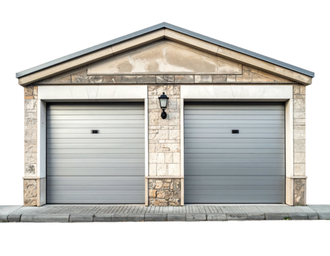 Stone garage with two doors, framed by white stone and a gray trim and light fixture