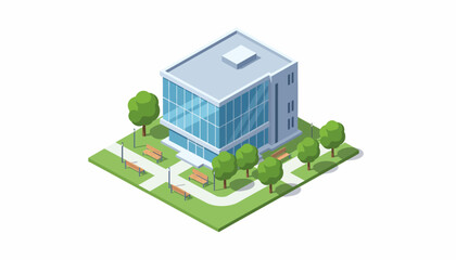 Isometric Business Center Icon with Glass Facade, Outdoor Park Benches and Landscaping for Business Presentations and Infographics