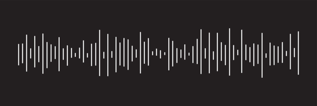 Sound waves and audio waveform elements. Song or music track shapes. Voice signal visualization. Digital soundwave icon set. Music rhythm frequency pulse graphic vector element. Black background. 