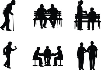 Silhouette scenes of elderly care, companionship, physical activity, and social interaction with caregivers in peaceful community and wellness settings