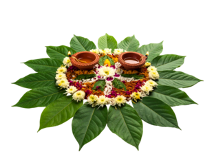 Elaborate floral arrangement with diyas atop leaves, showcasing bright and cheerful hues against a dark backdrop