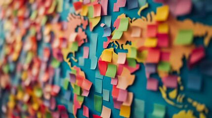 A wall covered in colorful sticky notes forming an abstract map, blending creativity and organization in a chaotic yet purposeful arrangement of pastel and neon paper squares.