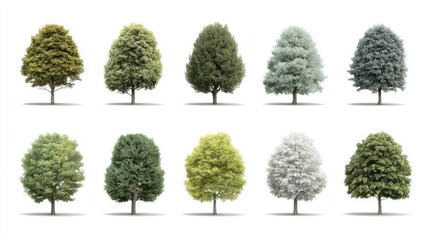 Diverse trees in varying shades and shapes isolated on white