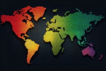 Rainbow-hued continents on dark, textured background