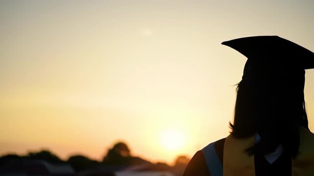 Silhouette of Graduate at Sunset with Cap and Gown Outdoors